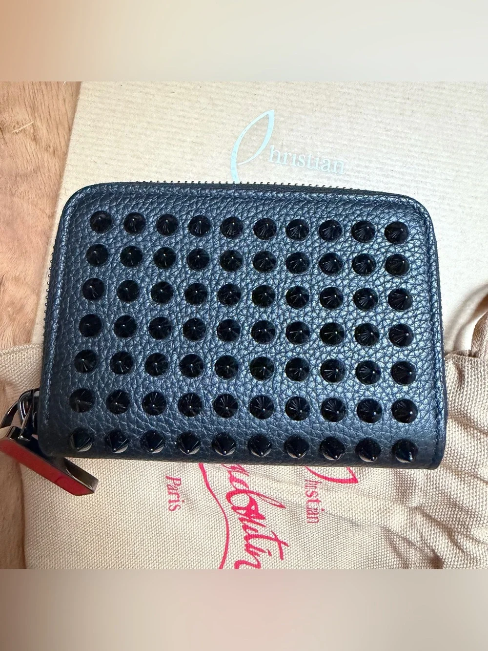 NEW Christian Louboutin black leather PANETTONE zip COIN PURSE card case wallet